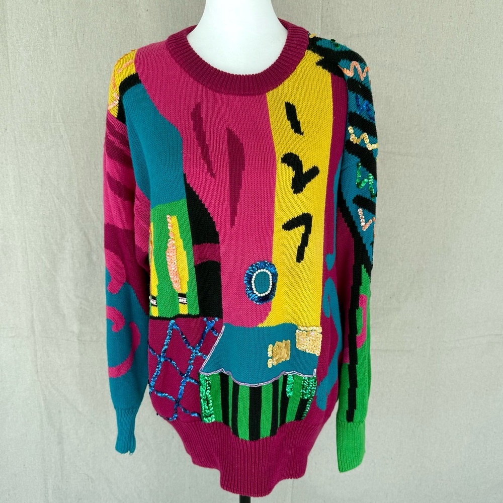 Vintage Cedars Size M 80s Pink/Colorful Abstract Sequin Knit Sweater